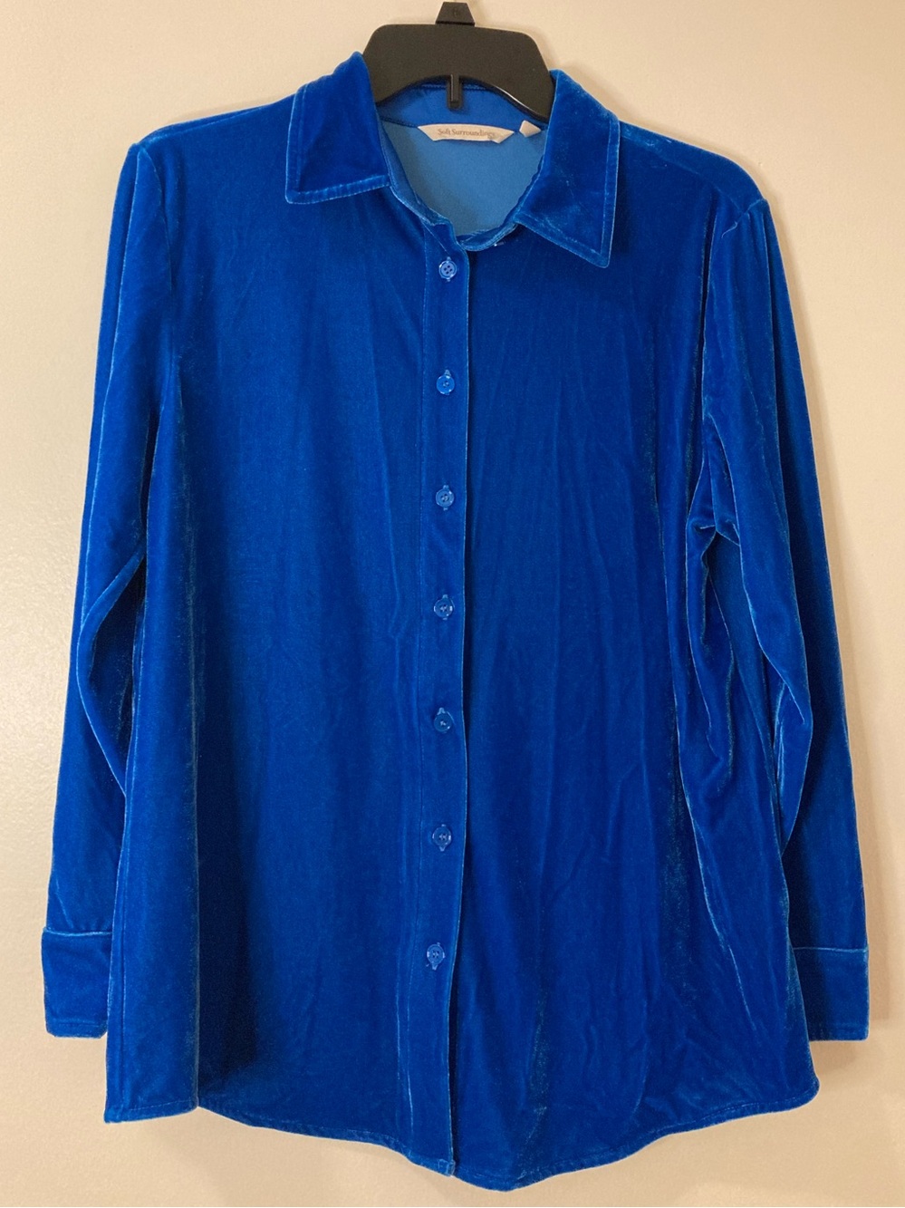 Soft Surroundings Bright Blue Velour Black Long Sleeved Button down Shirt